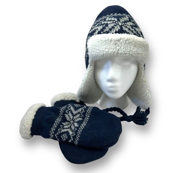 Fair Isle Trapper Hat And Mittens Set Navy Blue Snowflake Print Warm Winter Cozy - Picture 1 of 8